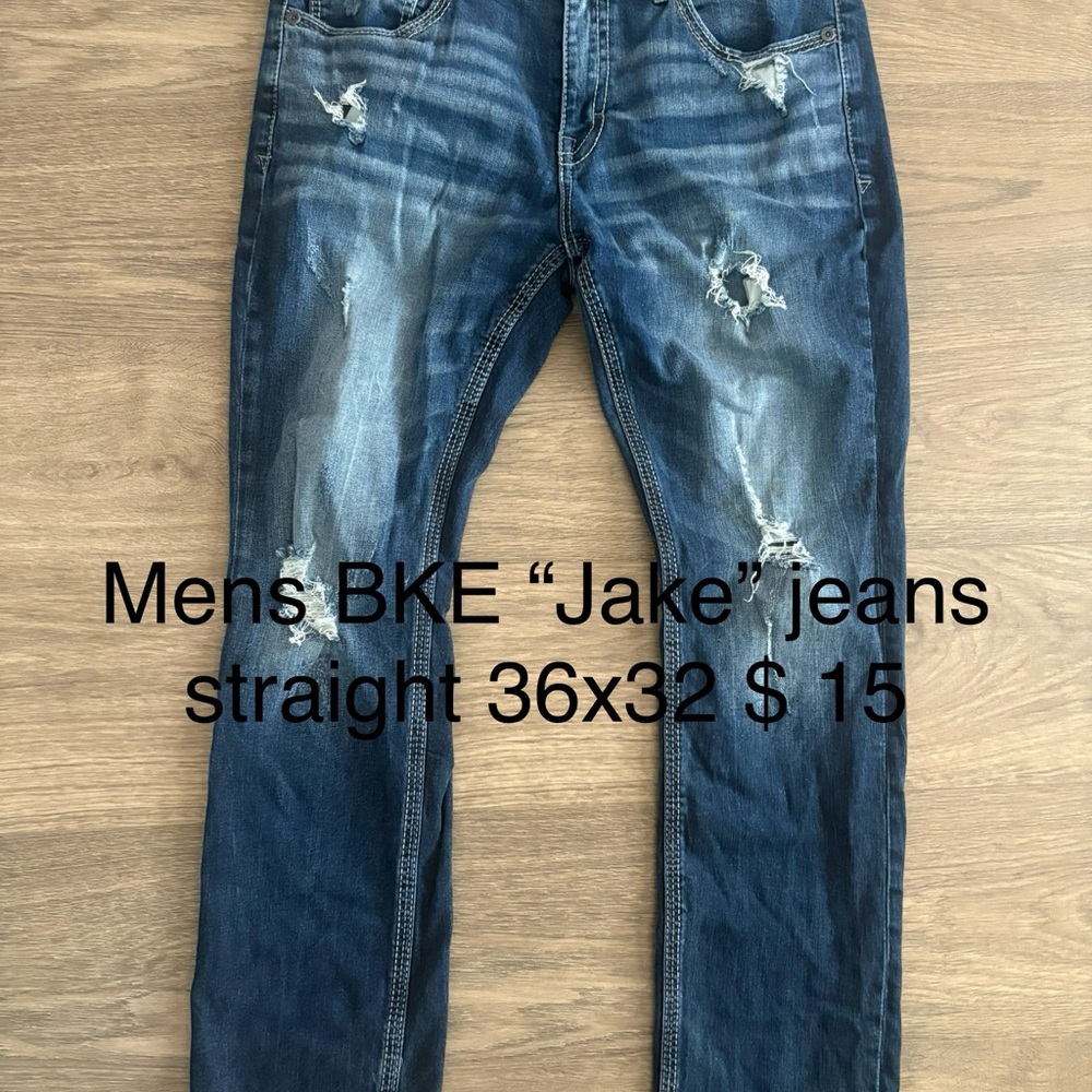 BKE Men's Straight Blue Distressed Jeans